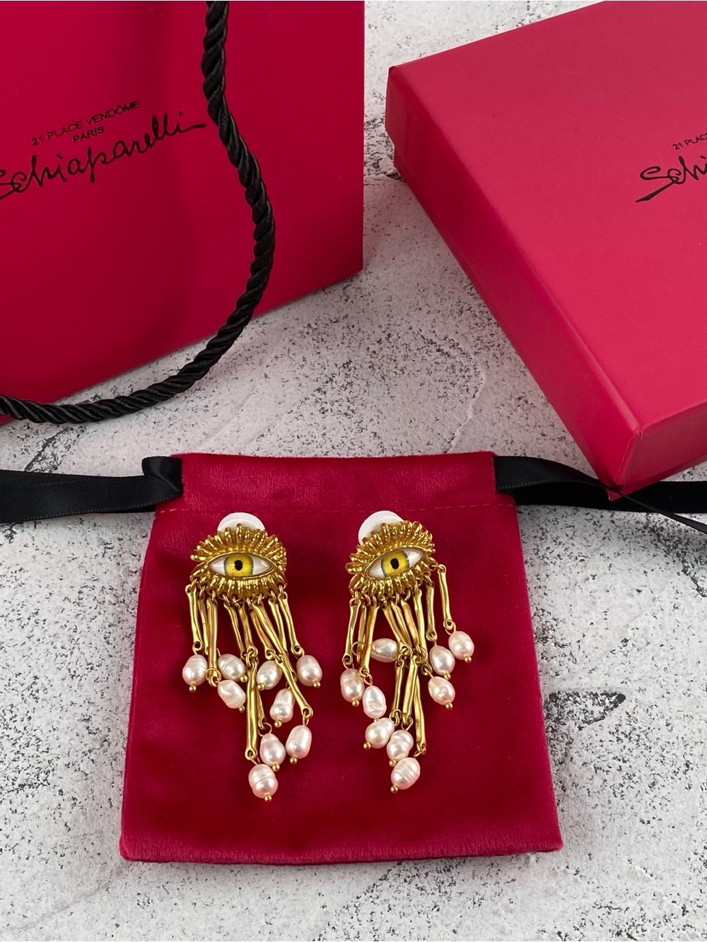Schiaparelli Gold-Tone Eye Drop Earrings with Pearl Drops - Gold